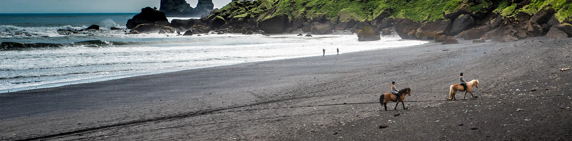 Horse riding holidays in Iceland: Riding on the black beach Reynisfjara, south coast of Iceland.