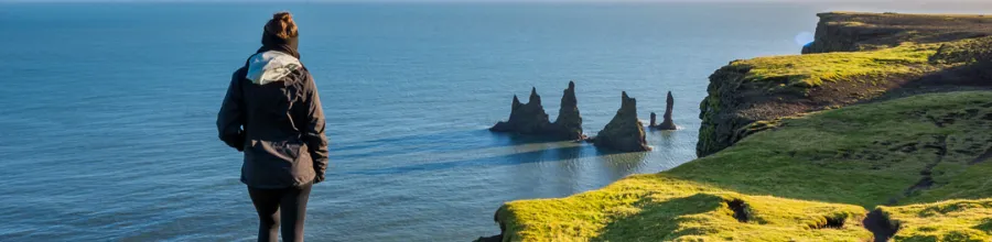 A person at Dyrhólaey overlooking Reynisdrangar and the Atlantic Ocean.