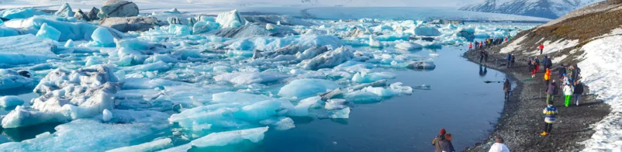 Visitors at Jökulsárlón Glacier Lagoon.