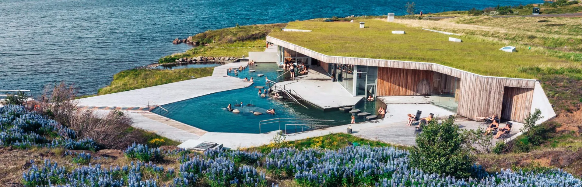 Visitors are bathing in Vök Baths, Iceland.