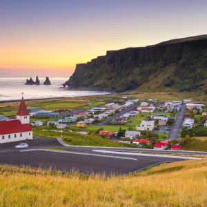 Iceland short break with rental car: aerial view of village Vík, south of Iceland.