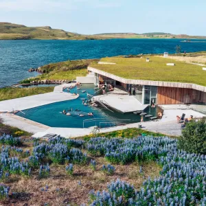 Visitors are bathing in Vök Baths, Iceland.