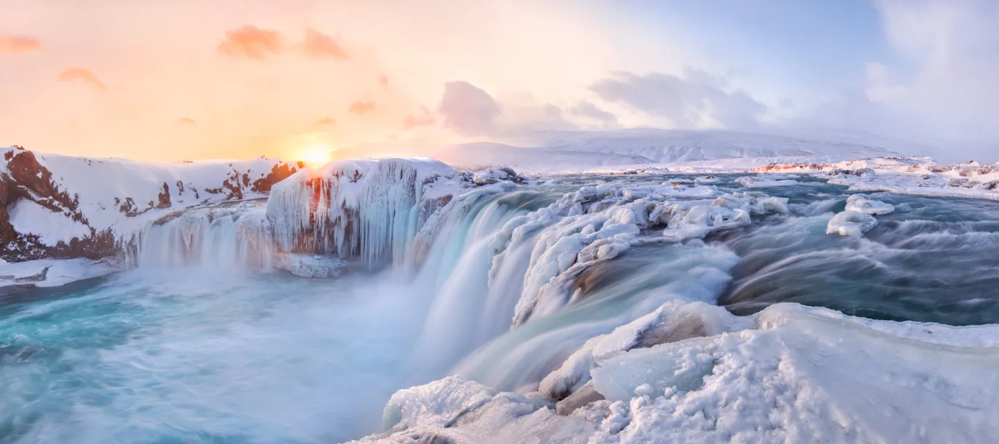 Godafoss in winter, north Iceland.